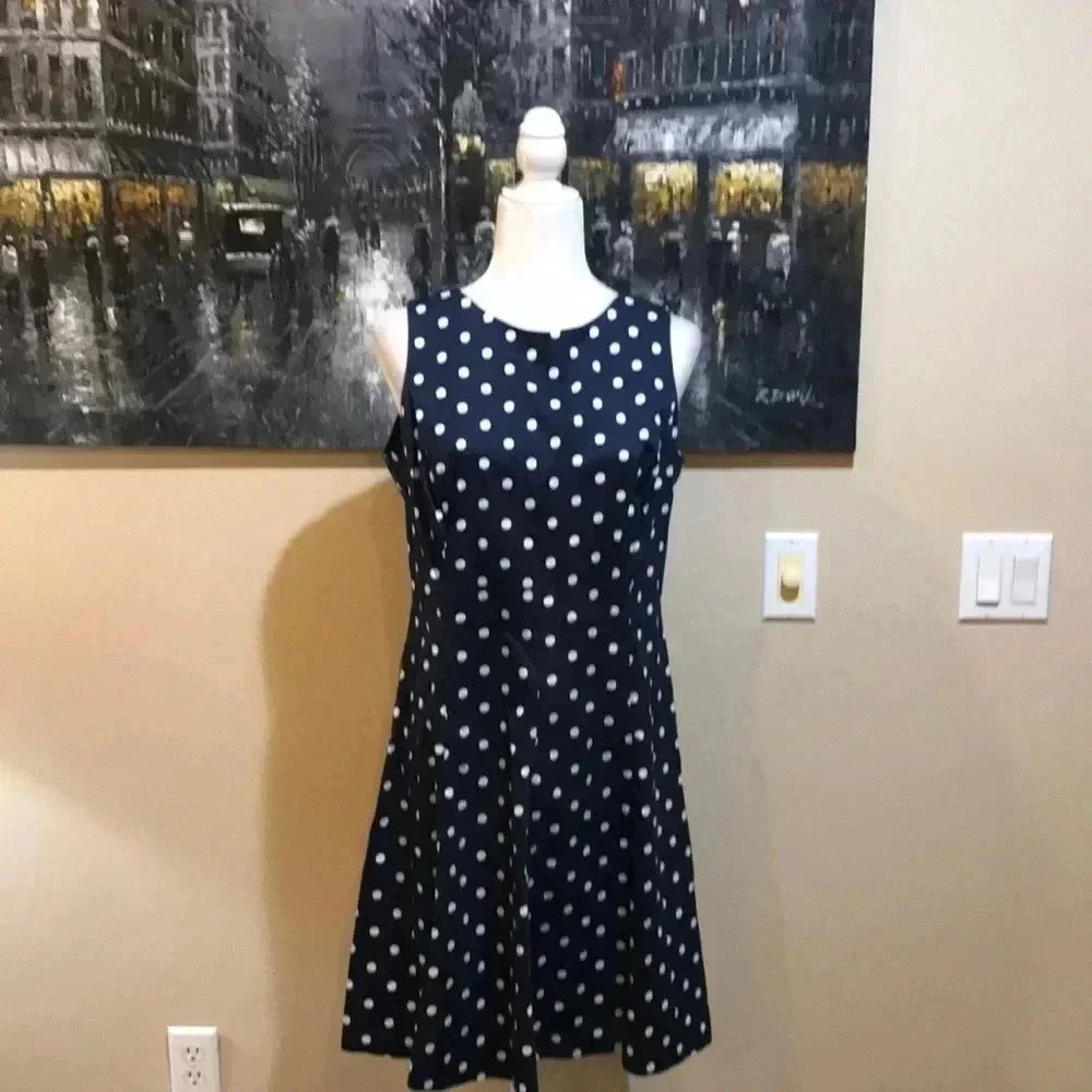 American Living Blue and White Cotton Blend Polka Dot Fit and Flare Dress Sz 12